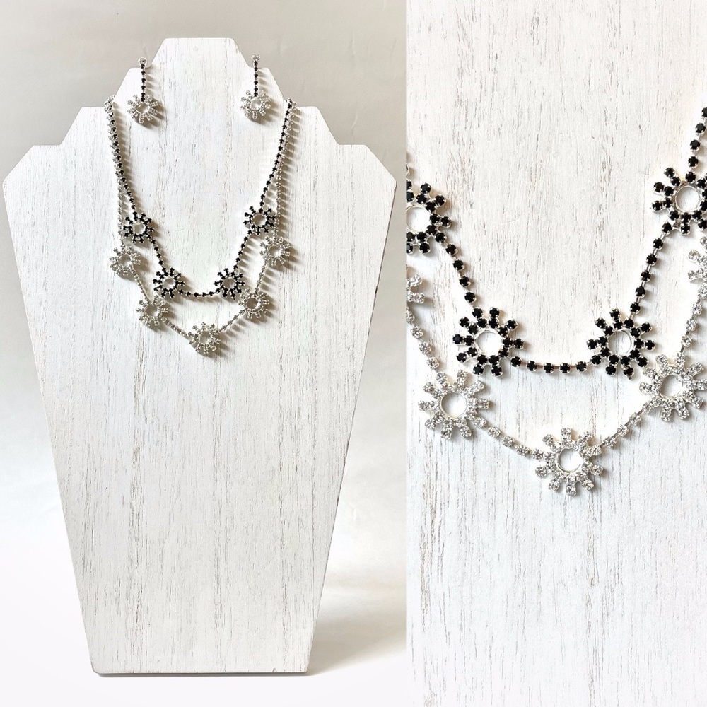 Silver Toned Black Clear Rhinestone Circle Burst Necklace Earrings